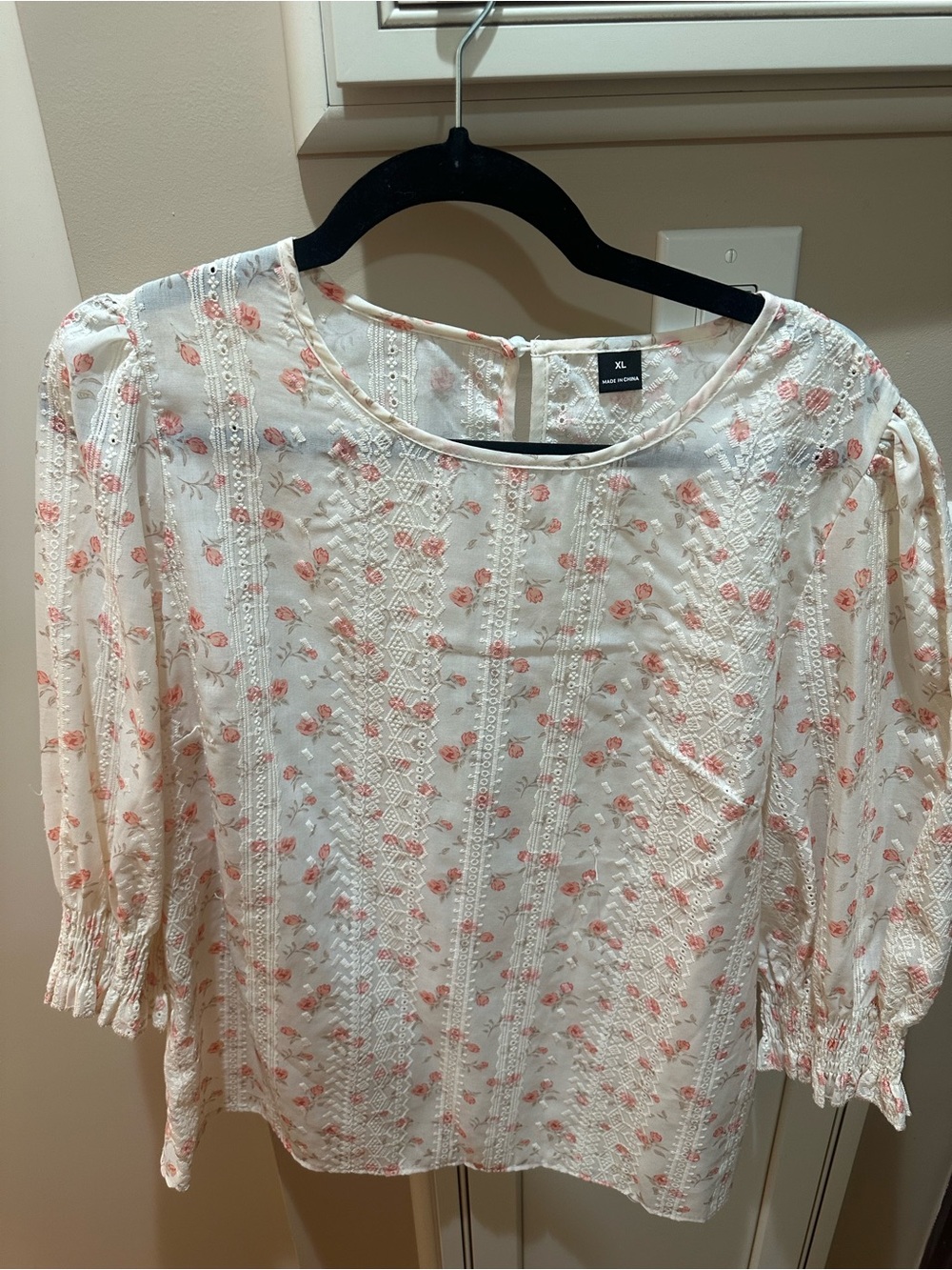 SHEIN White Blouse with Pink Rose Print and Lace Trim